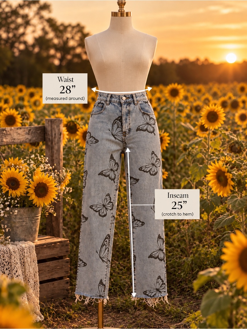 PacSun Light Wash Blue Butterfly Print Cropped Jeans